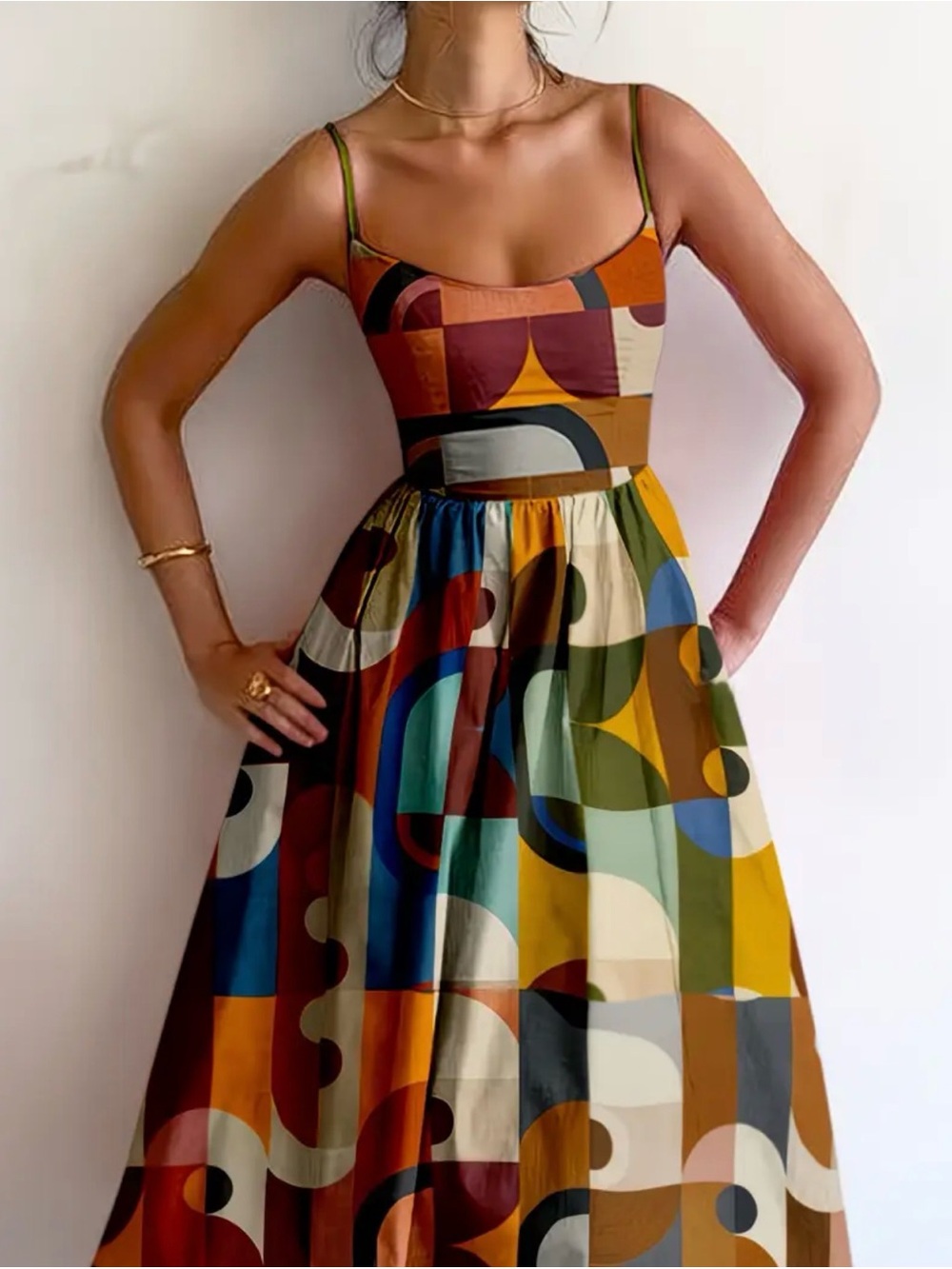 Spaghetti-Strap Geometric Maxi Dress in Multi Color